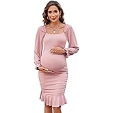 BeautyNee Women's Short Puff Sleeve Maternity Dress Summer Square Neck Ruffle Hem Smocked Bodycon Dress for Baby Shower