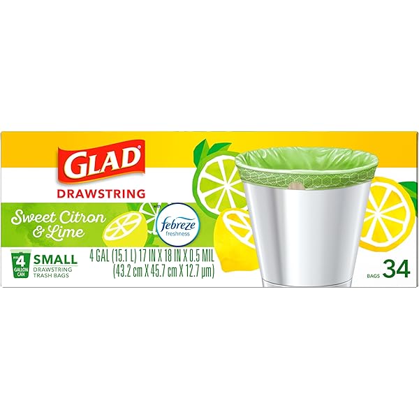 GLAD SMALL KITCHEN DRAWSTRING TRASH BAGS, 4 GALLON, FEBREZE SWEET CITRON & LIME, 34 COUNT