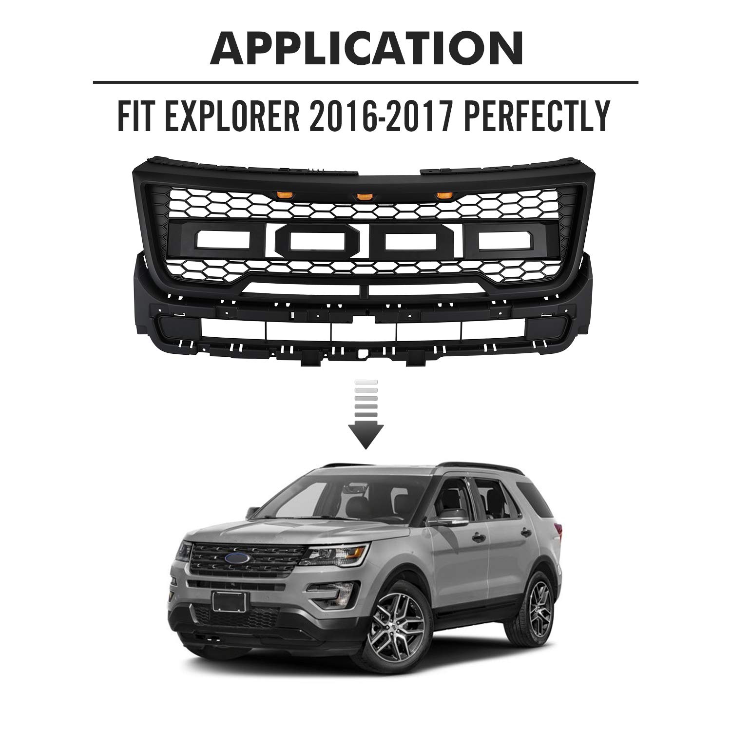 Grilles Grille Guards Matte Black Front Grill For Ford Explorer 16 17 Raptor Style Grill Front Bumper Sport Grille With Amber Led Lights Grilles