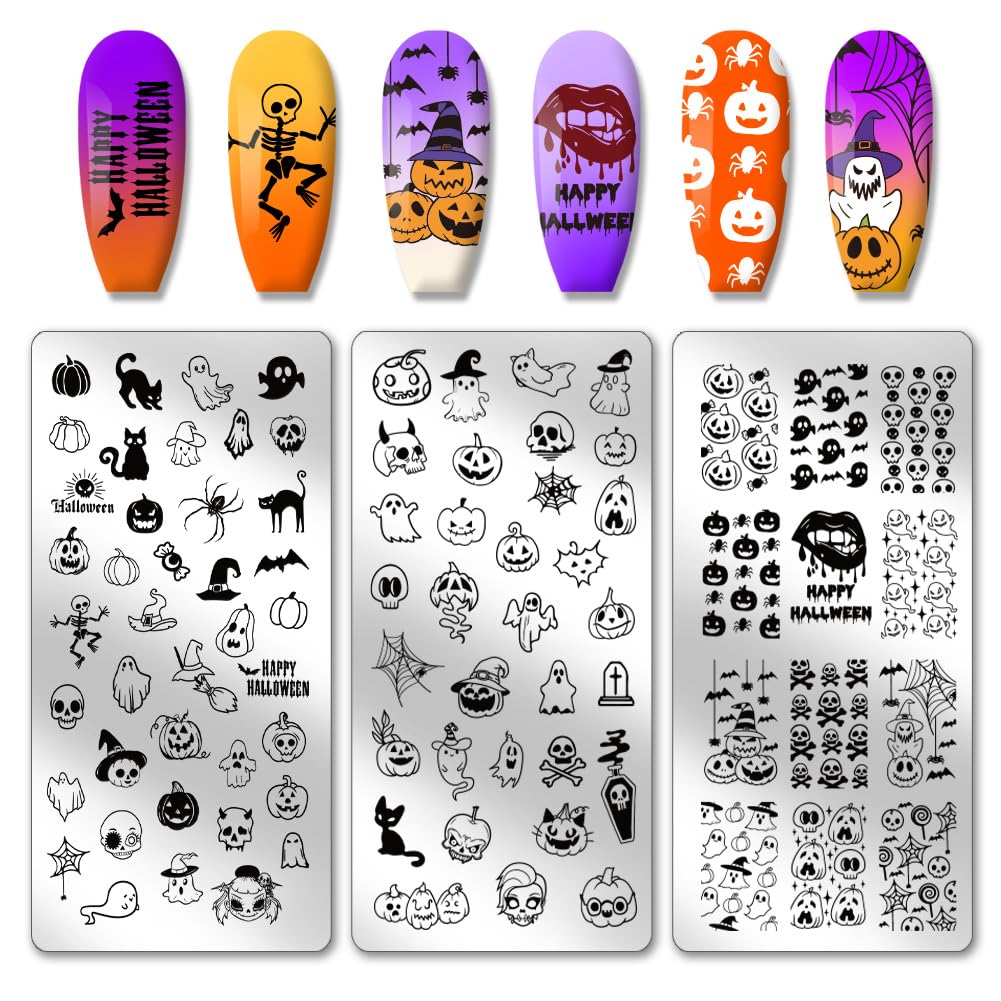 PH PandaHall Halloween Nail Art Plates 3pcs Skull Ghost Nail Stamping Plate Witch Pumpkin Image Plate Nail Design Stamp Nails Art Template for Women DIY Manicure Salon