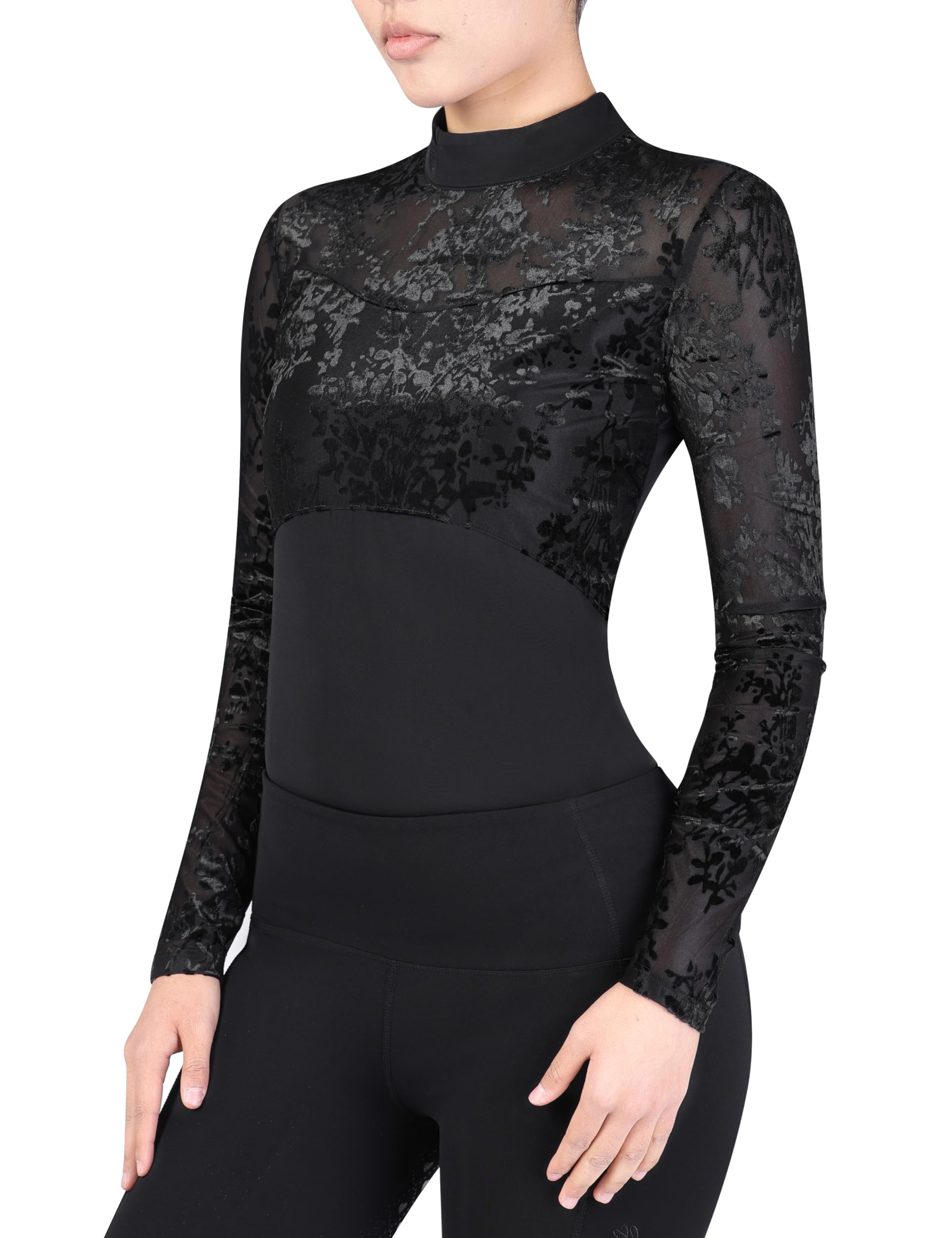 Photo 1 of Harrison Howard Ladies Long Sleeve Equestrian Rider Top with Elegant Patterned Velvet Spliced Design Slim Fit Show Shirt Black S