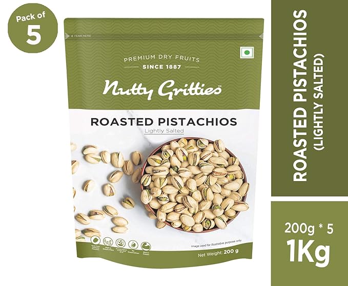 Nutty Gritties California Roasted Pistachios|Pista, Lightly Salted - (Pack of 5 -200g Each), 1 Kg