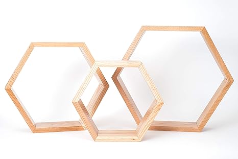 Juego de estantes hexagonales, acabado en roble natural, madera maciza