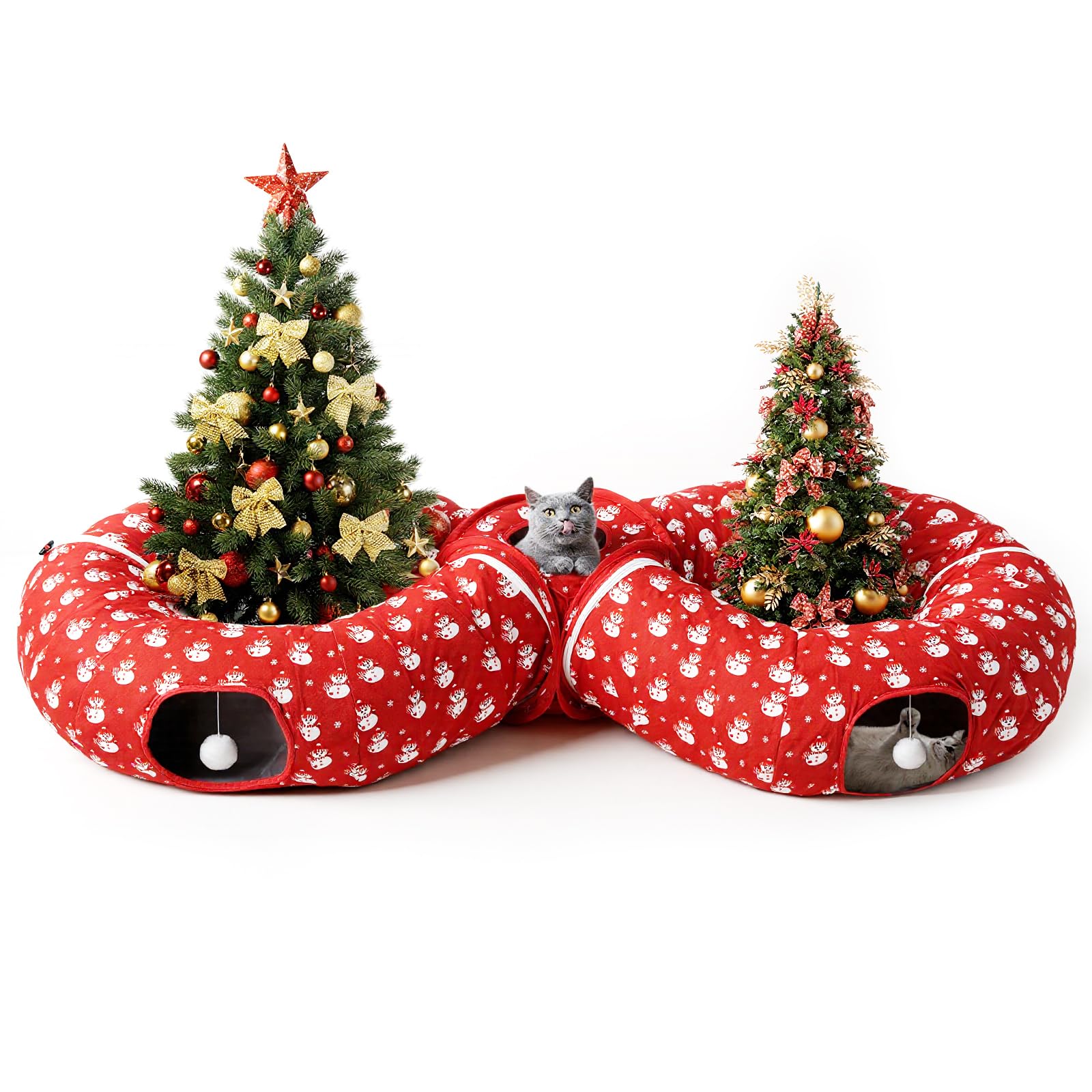 Pawaboo Christmas Cat Tunnel Bed for Indoor Cats, Cat Christmas Toy 8-Shaped Large Kitten Tunnels with Plush Cushions, Cats Cave Hideout Kitty Toys with Balls, Donut Tunnel Bed for Kitten, Red Snowman Image