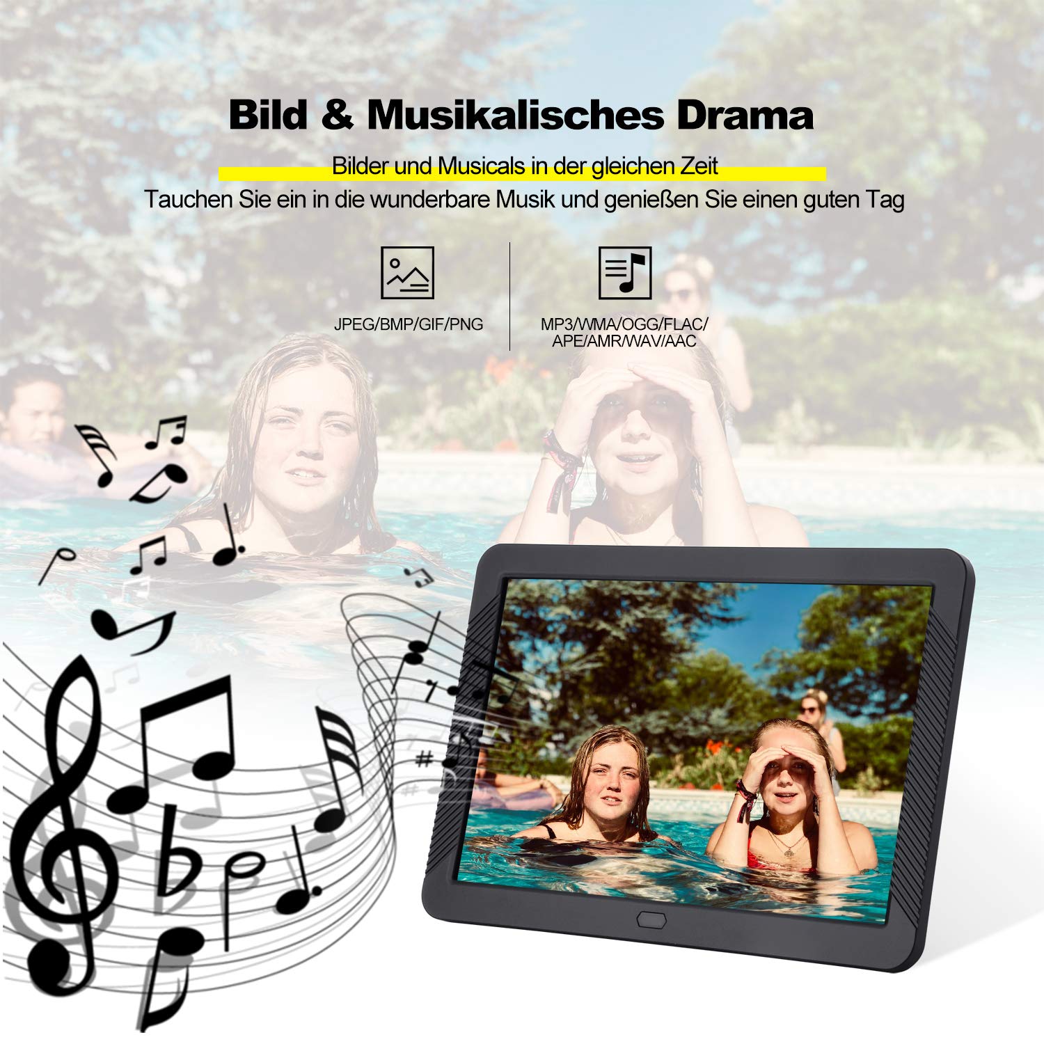 Digitaler Bilderrahmen 8 Zoll 1920 * 1080 Elektronischer Bilderrahmen Cofunkool HD IPS Display mit Foto Video Music Kalender Alarm Auto on/Off Timer unterstützt USB SD-Karte IR-Fernbedienung(Schwarz)