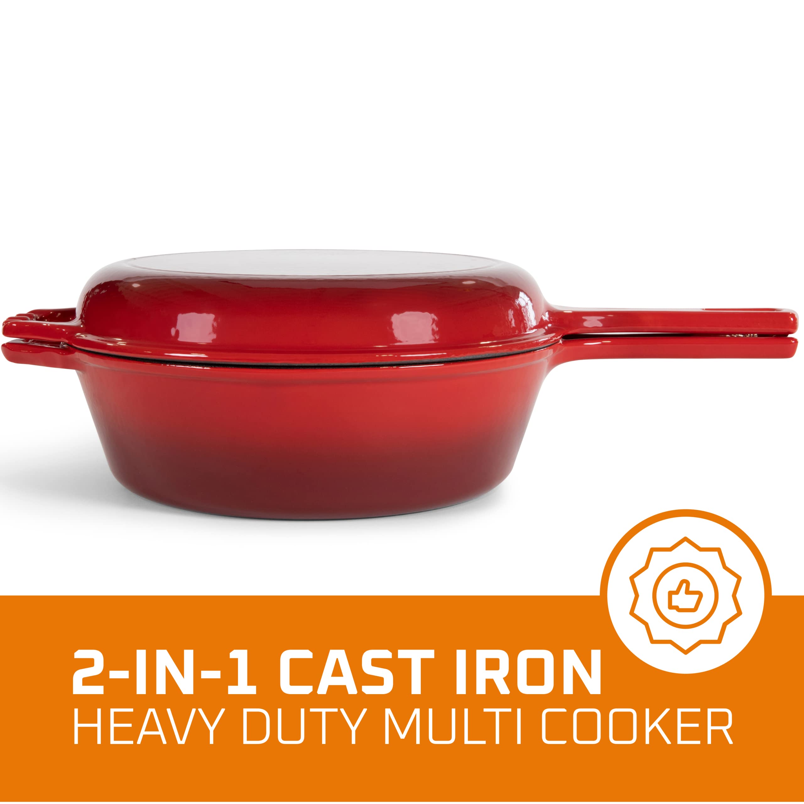 Bruntmor 2 in 1 Enameled cast iron pot with lid, 3QT Cast Iron Dutch Oven & Skillet Combo, Enameled Cast Iron Cookware with Lid, Perfect for Braising, Casseroles and Slow Cooking - Red