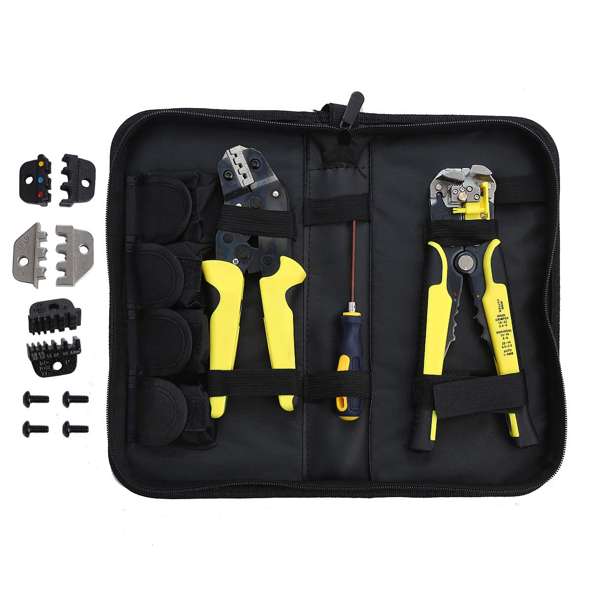 TOPWAY Wire Crimper Stripper Set, 4 in 1 Multifunctional Automatic 10-24 AWG (0.2~6.0mm²) 8 Inch Self-Adjusting Electrician Cable Wire Terminals Cutting Plier Crimping Tool Kit with Extra Dies 416504