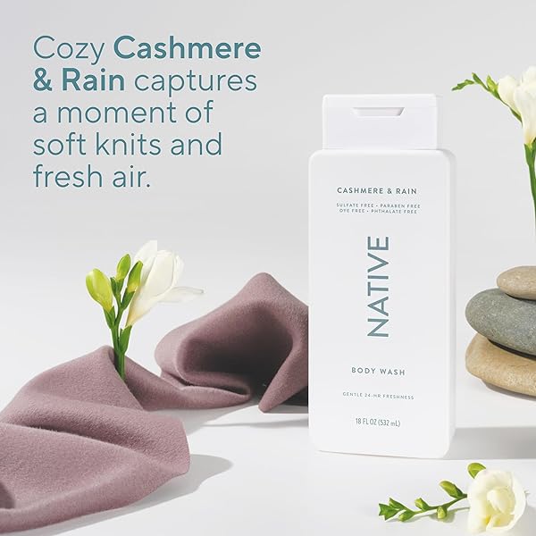 NATIVE BODY WASH CONTAINS NATURALLY DERIVED INGREDIENTS | FOR WOMEN & MEN, SULFATE, PARABEN, & DYE FREE LEAVING SKIN SOFT AND HYDRATED | CASHMERE & RAIN 18 OZ