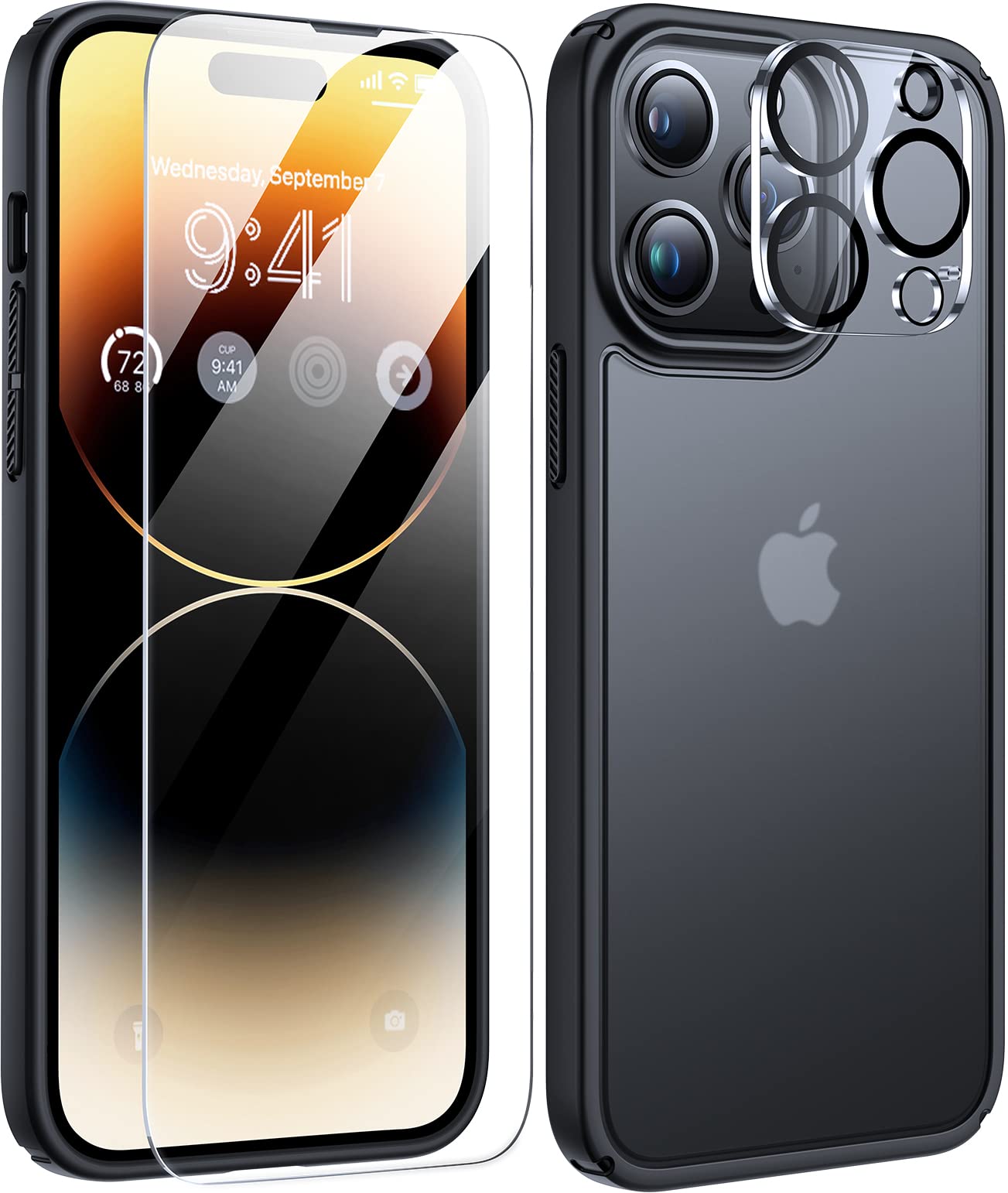 Humixx [5 in 1 Shockproof Designed for iPhone 14 Pro Max Phone Case, [2X Screen Protector + 2X Lens Protector] [Military Drop Protection] Slim Translucent Matte Case 6.7'' Black