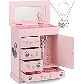 efubaby Jewelry Box for Girls 8.9 x 4.92 x 10.98 inch Large 5 Layer Music Box with Spinning Ballerina with Unicorn Necklace & Bracelet Set Jewelry Organizer for Kids Birthday Christmas Gift Pink