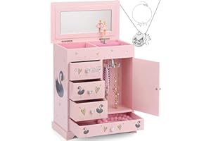 efubaby Jewelry Box for Girls 8.9 x 4.92 x 10.98 inch Large 5 Layer Music Box with Spinning Ballerina with Unicorn Necklace & Bracelet Set Jewelry Organizer for Kids Birthday Christmas Gift Pink