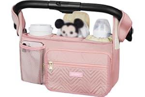 ZIOZERTT Universal Stroller Organizer with Insulated Cup Holder,Stroller Caddy Bag with Wet Wipes Pocket,Stroller Accessories Fits for Uppababy,Doona,Jogger,Britax,Mompush,BoB Strollers,Pink