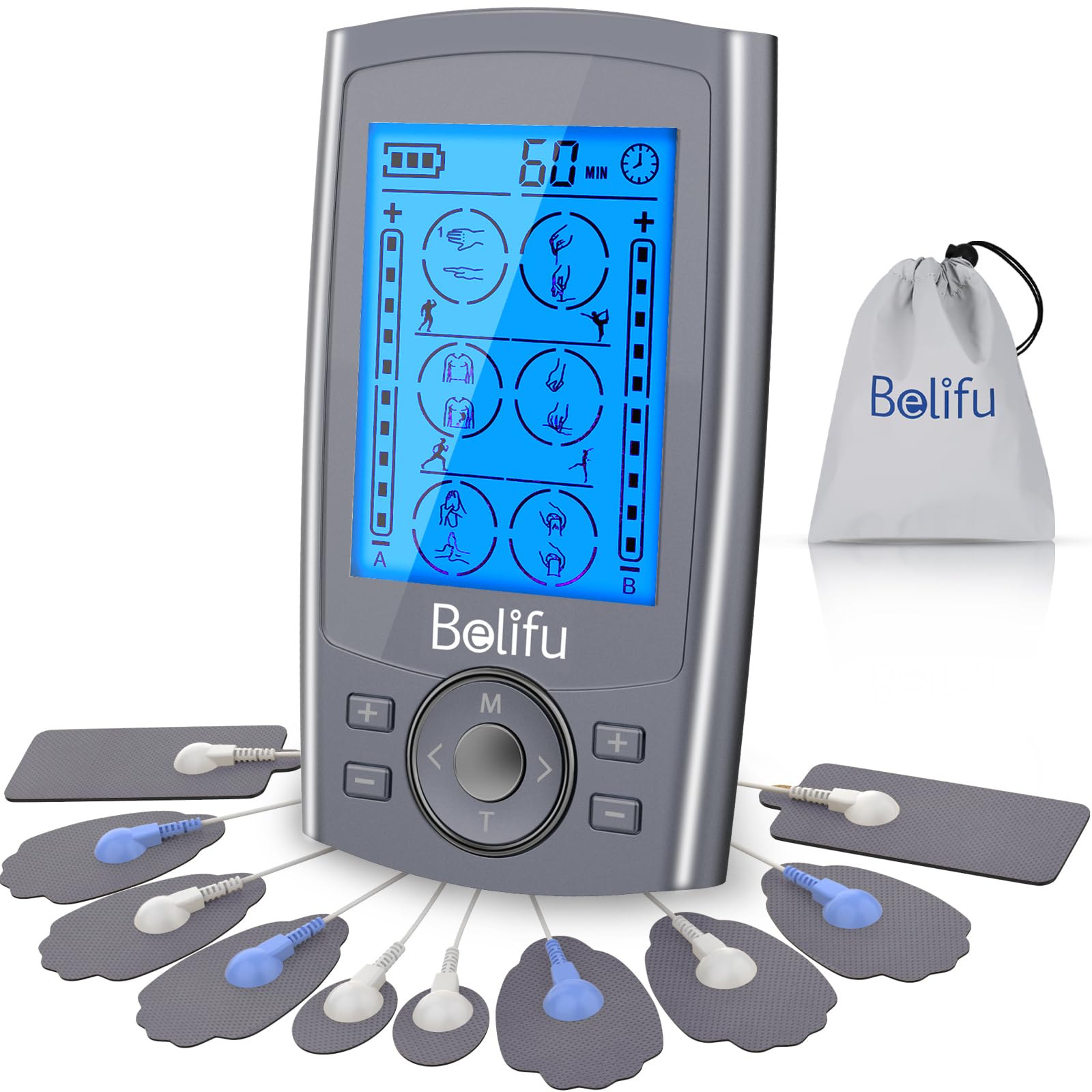 Belifu Dual Channel TENS EMS Unit 24 Modes Muscle Stimulator for Pain Relief Therapy, Electronic Pulse Massager Muscle Massager with 10 Pads, Dust-Proof Drawstring Storage Bag, Fastening Cable Ties Image