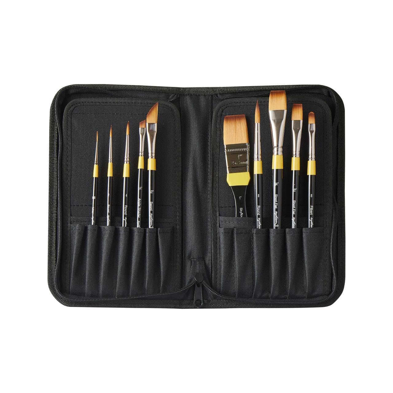 Daler-Rowney System3 Synthetic Hair Short-Handle Classic Acrylic Brush Set in Zip Case, 10 Assorted Brushes, Ideal for Professional Artists & Students