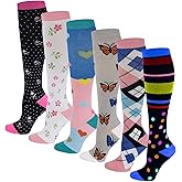 Dr. Shams 6 Pairs Pack Graduated Colorful Travel Athletic Cotton Compression Knee High Socks (6 Pairs Assorted, Small/Medium)