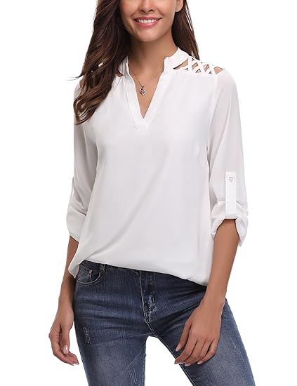 Abollria Damen Bluse Elegant Chiffon Langarm Tunika Leicht V-Ausschnitt Festliche Blusen mit Einstellbare Ärmeln