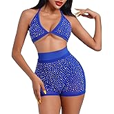 Women Sparkle Rhinestone Mesh Sheer Bikini Sets Halter Bra Top High Waist Shorts Bottom Swimsuits Rave Outfit