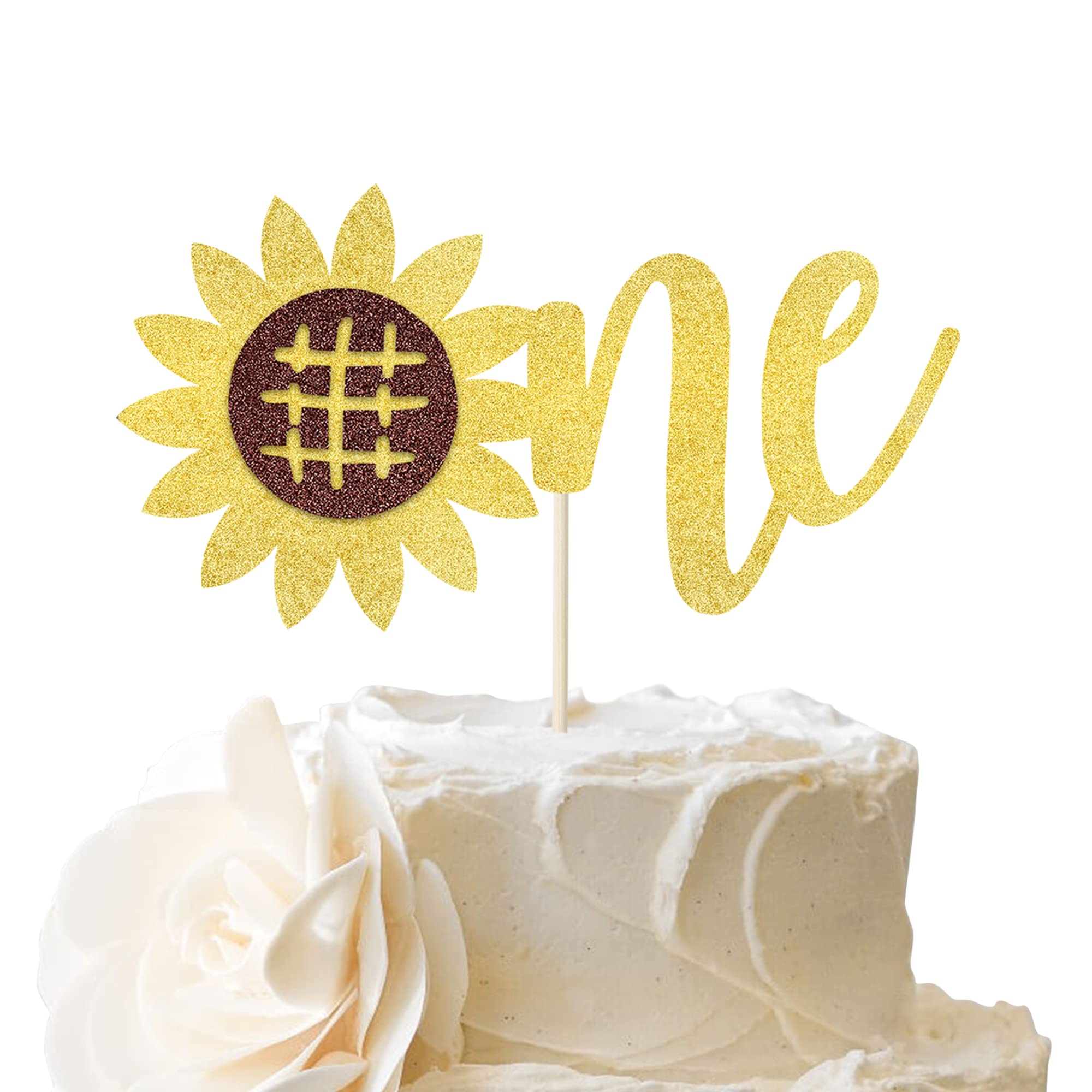 SYKYCTCY 1 Pack Happy Birthday One Cake Topper Glitter Sunflower First Birthday Cake Pick Baby Shower Kids 1st Birthday Summer Flower Baby Shower Cake Decoration Party Supplies