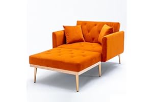 SULOPS 40.94'' Wide Modern Accent Chair with 3 Angles Adjustable Backrest+2-Pillow, Tufted Upholstered Chaise Lounge Chair, Recliner Armchair & Ottoman Set for Living Room, Bedroom (Velvet Orange-2)