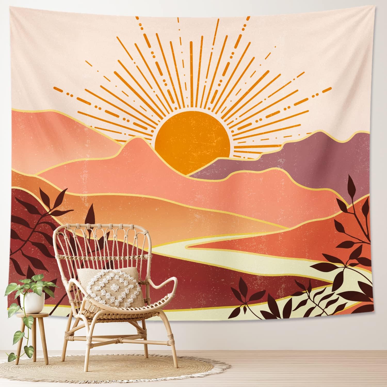 Tapestries - TPHIHPT Orange Bohemian Sun Art Tapestry Aesthetic Sunset Vintage 70s Rainbow Mountain Tapestry for Living Room Bedroom Dorm Classroom Office Decor 59.1x82.7 Inch