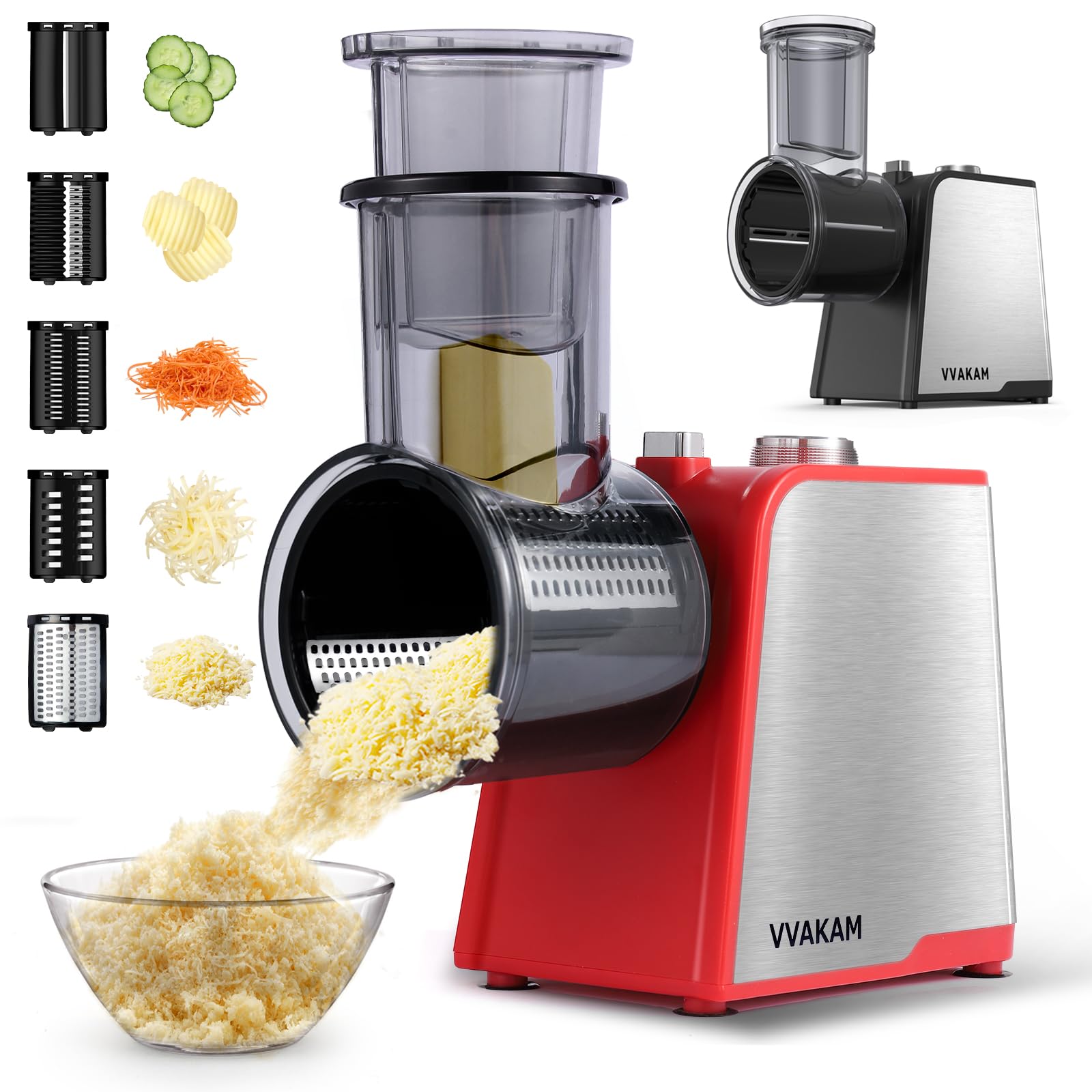 Photo 1 of 5-In-1 Electric Cheese Grater,300W Salad Maker,Electric Grater for Block Cheese,Kitchen Electric Food Slicer Shredder,Chopper for Vegetables Cucumber Carrots Cabbage Nuts(Red)