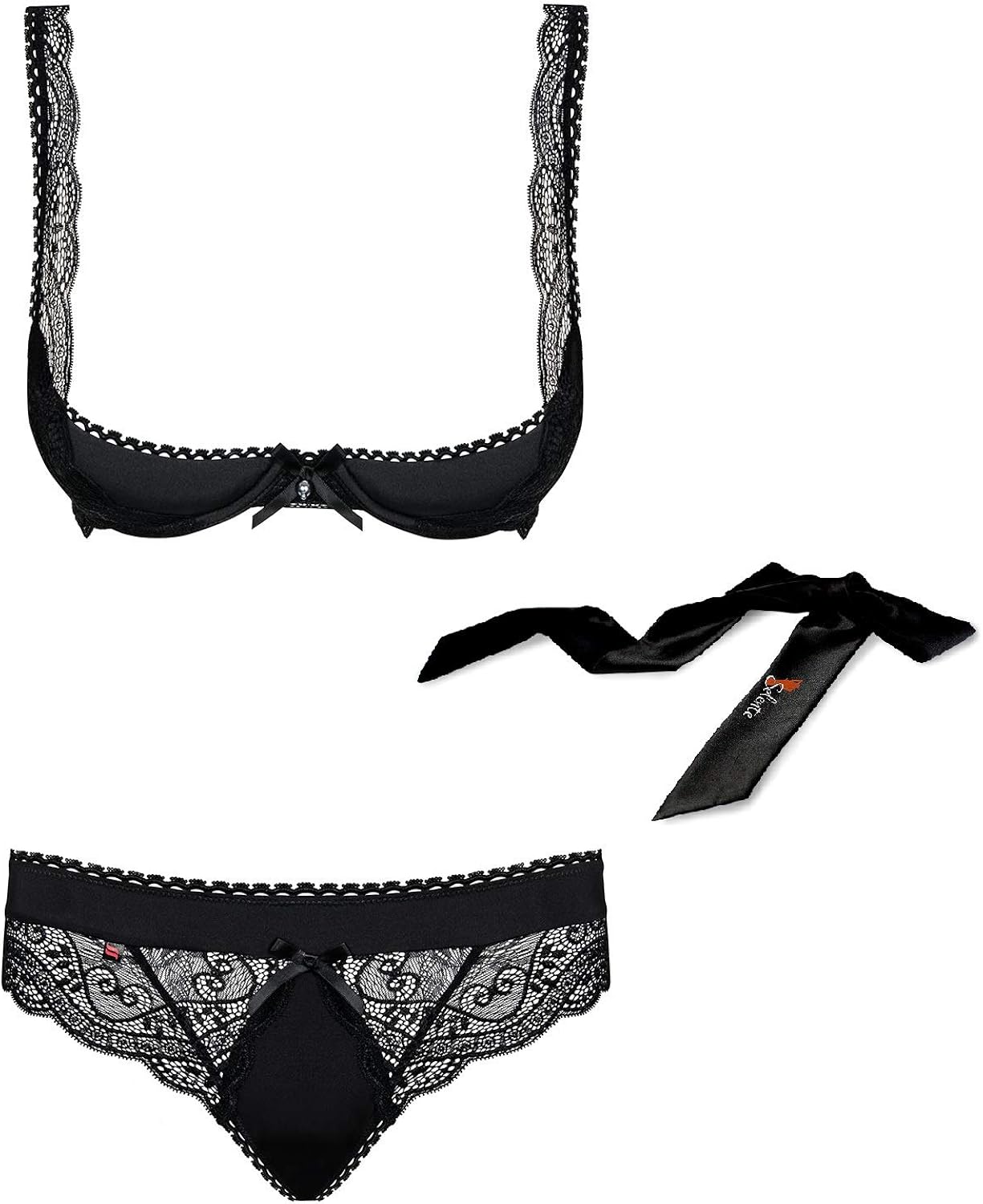 Selente Love & Fun Seductive Multi-Piece Women's Lingerie Set with Bra and Belly Belt, Thong and Satin Blindfold, Made in EU - Black - Large