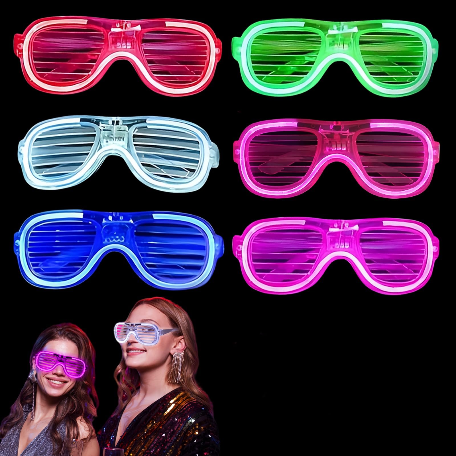 Neon Party Glasses,6Pack LED Light up Glasses Flashing Glow Sunglasses,Luminous Shutter Glasses Rave Glasses for Kids Adults 80s 90s Discos Party Concert Halloween New Years Eve Xmas Party Bag Filles