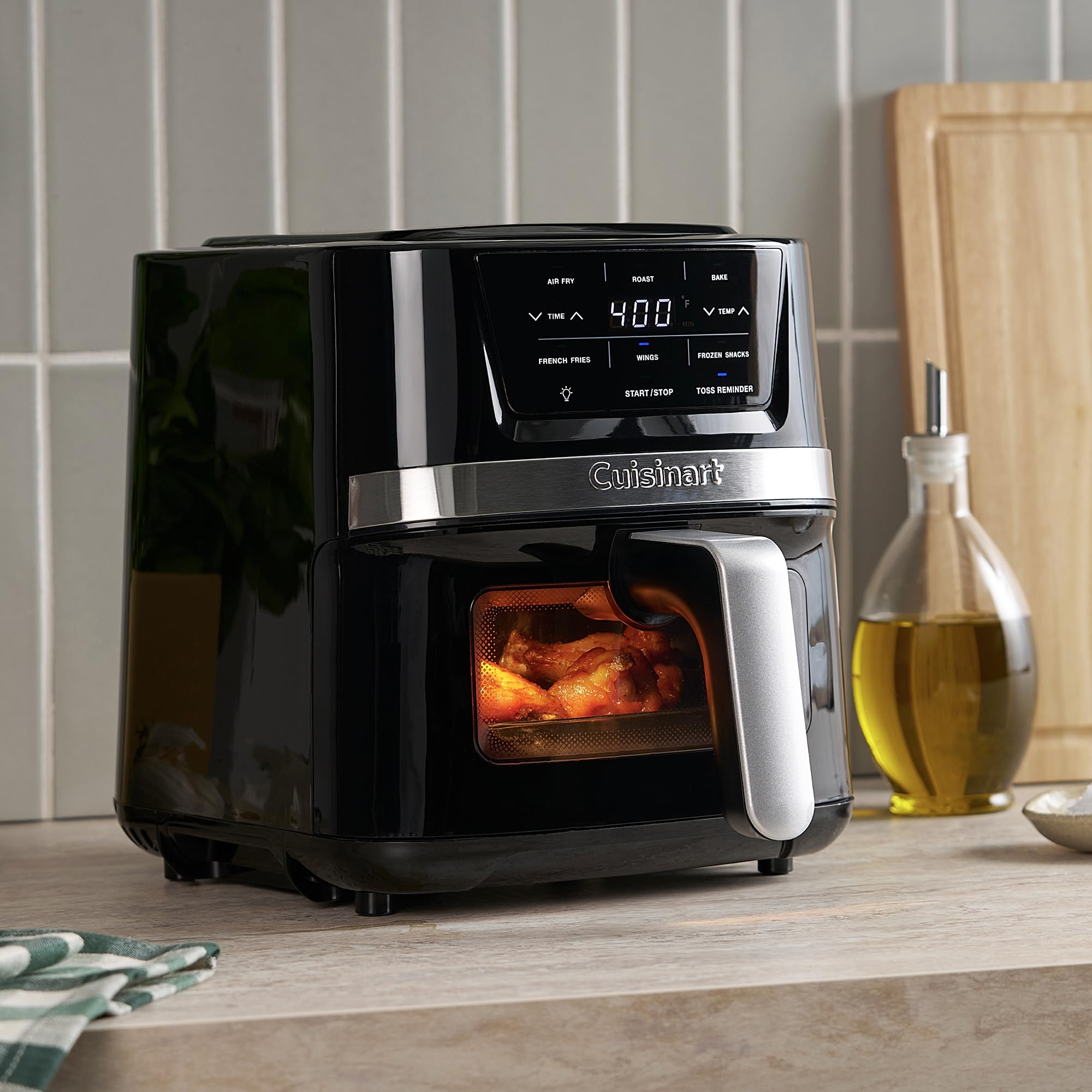 Freidora de aire Cuisinart, freidora de cesta compacta de 2,6 cuartos con 3 funciones de cocción para freír, asar y hornear al aire, 3 ajustes preestablecidos de freidora de aire, piezas aptas para lavavajillas, AIR-80, acero inoxidable y negro