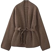 HOULENGS Women's Casual V Neck Belted Wrap Cardigan Sweaters Open Front Long Sleeve Chunky Knit Sweater Coat