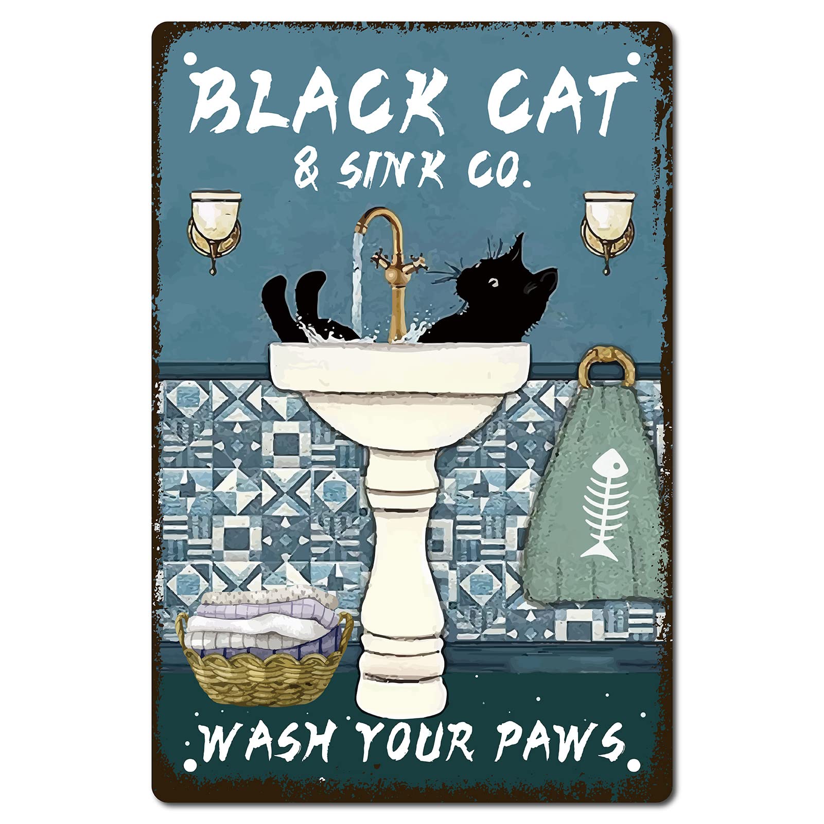 CREATCABIN Funny Bathroom Retro Metal Tin Sign Black Cat Wash Your Paws Vintage Aluminum Sign for Home Toilet Restaurant Kitchen Bar Coffee Wall Decor Art Gift for Women Men Friends 8 x 12 Inch