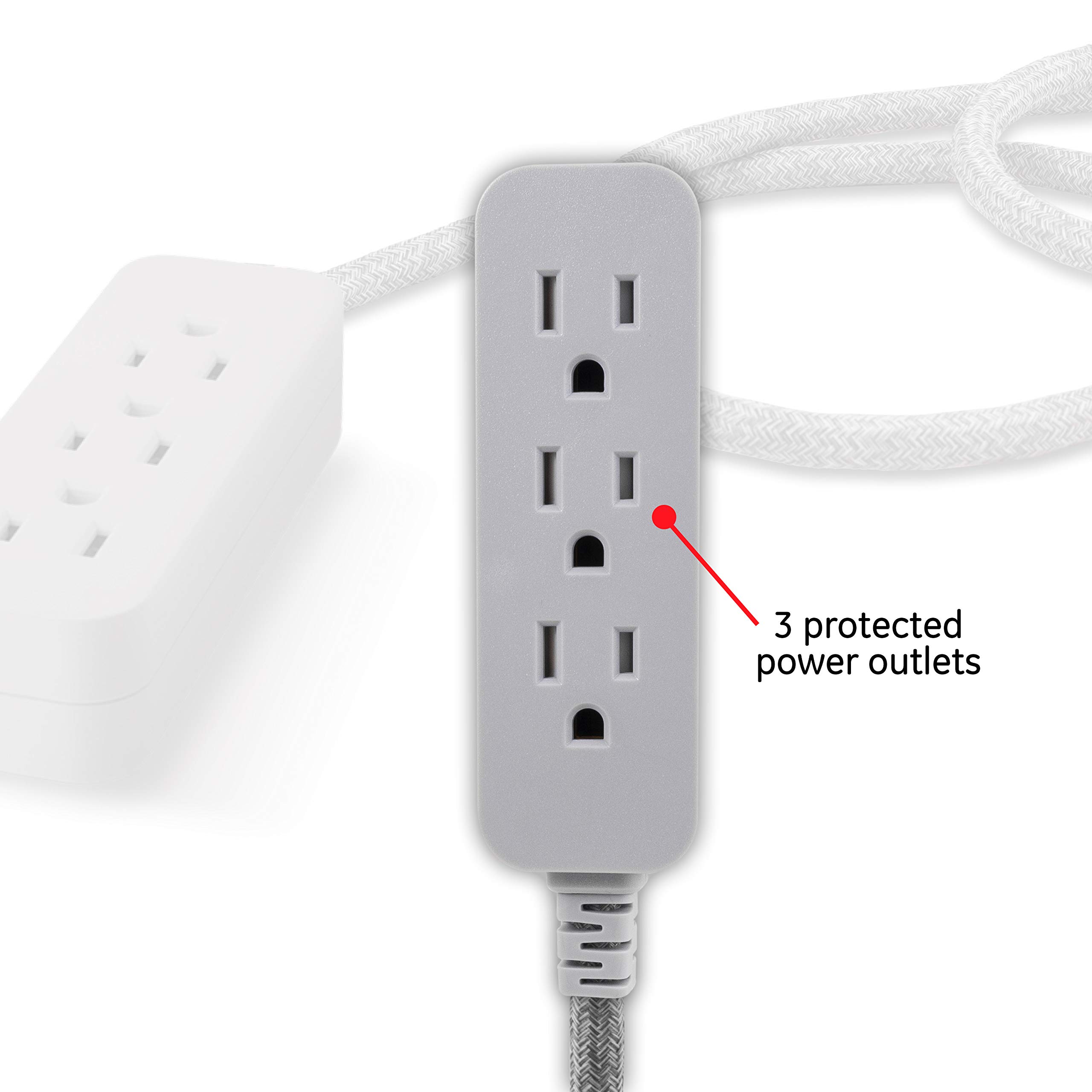 GE 3-Outlet Power Strip Surge Protector 8 Ft Braided Long Cord Extension Cord Surge Protector Power Strip Flat Plug Extension Cord 245 Joules ETL Listed Gray 45916