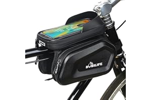 BOBILIFE Bike Frame Tube Bag with Touchable Phone Holder - Bicycle Waterproof Two Sides Twins Handlebar Front Bag with Large Capacity Pouch Storage with Cell Phone Mount for Galaxy Phone and iPhone Below 7.2”