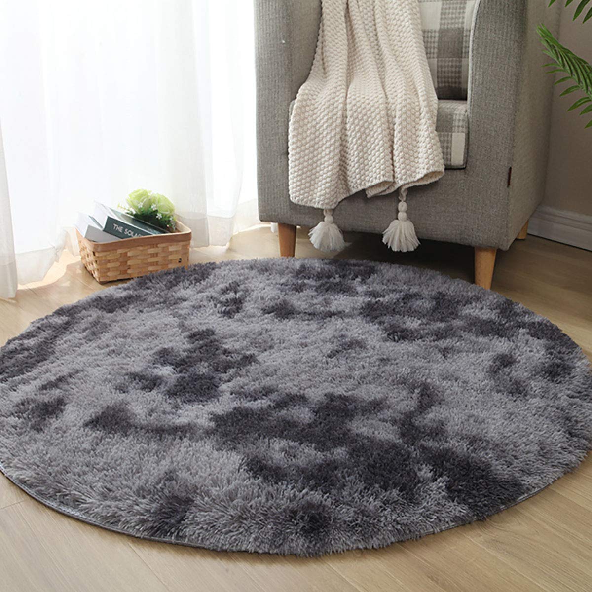 Tinyboy-hbq Round Area Rugs Fluffy Bedroom Rug Shaggy Bedroom Bedside Household Carpet Soft Modern Plush Carpets Suitable for Home Decor(Black grey, Diameter 100cm)