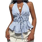 Milumia Women's Striped Tie Bow Front Halter Top Sleeveless Ruched Ruffle Hem Tank Tops