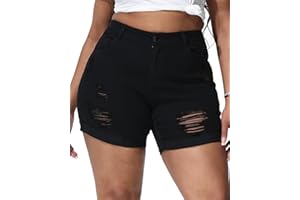 Gboomo Womens Plus Size Jean Shorts High Waisted Distressed Denim Shorts Casual Ripped Fold Hem Short Jeans