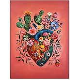 Mexico Blooming Heart Canvas Poster Colorful Vintage Botanical Wall Art Funky Trippy Pink Prints for Bed Living Room Apartment Wall Decor 12X16 inch Unframed