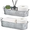 Mkono Metal Storage Basket for Toilet Tank Top Bathroom Decor, Galvanized Tray with Handle for Shelves, Farmhouse Toilet Paper Holder Organizing Bin Box for Countertop Living Room, Set of 2, Silver