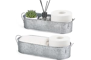 Mkono Metal Storage Basket for Toilet Tank Top Bathroom Decor, Galvanized Tray with Handle for Shelves, Farmhouse Toilet Paper Holder Organizing Bin Box for Countertop Living Room, Set of 2, Silver