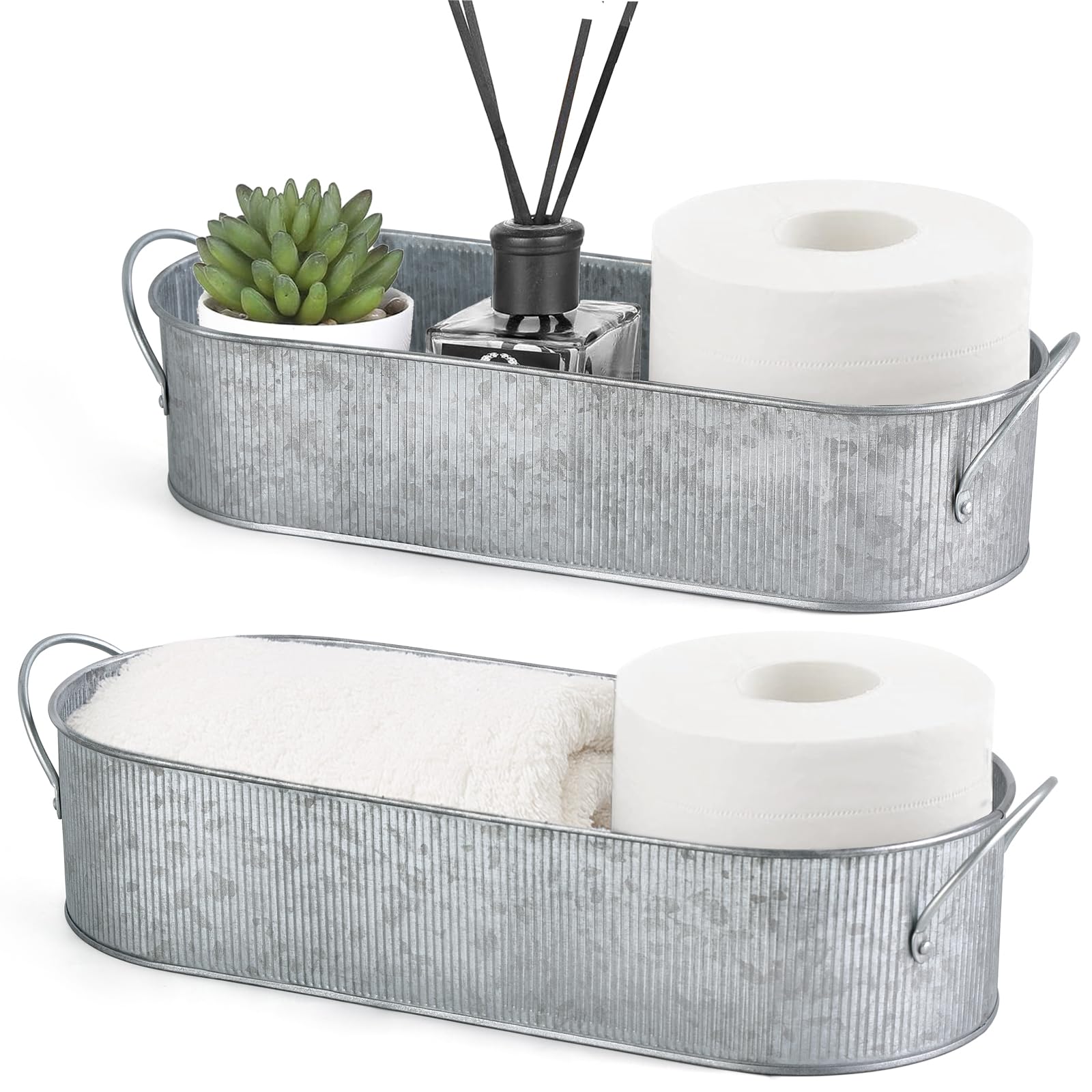 Photo 1 of Mkono Metal Storage Basket for Toilet Tank Top Bathroom Decor, Galvanized Tray with Handle for Shelves, Farmhouse Toilet Paper Holder Organizing Bin Box for Countertop Living Room, Set of 2, Silver