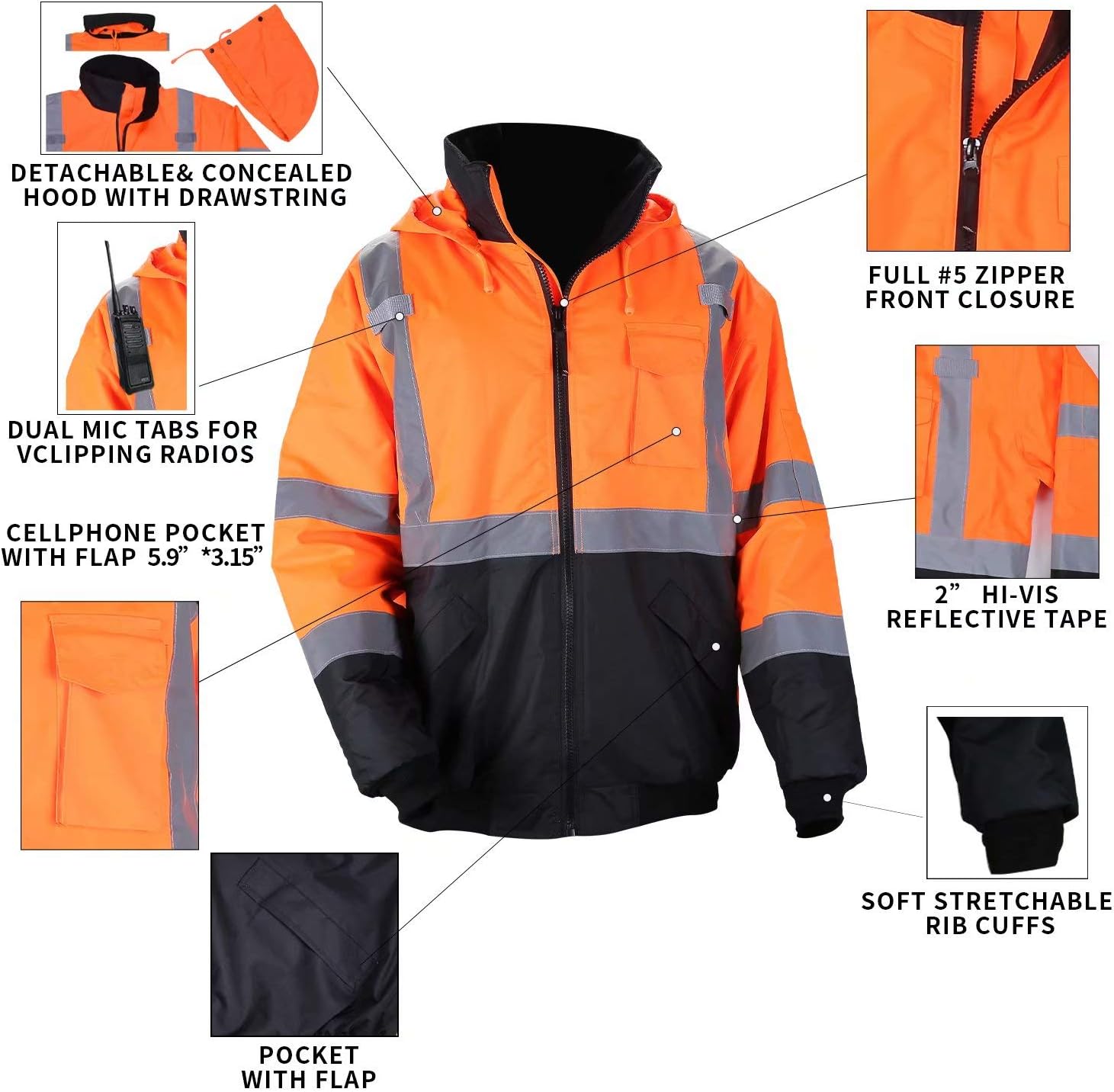 Men's ANSI Class 3 Hi Vis Safety Bomber Jacket Concealed Hood Waterproof Full Zip Padding Work Jacket Black Bottom(3XL, Orange): Home Improvement