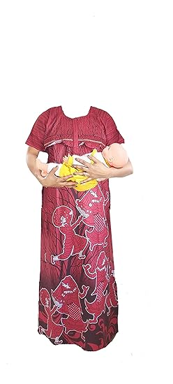 ABB- Feeding Maternity Nighties / 100% Pure Cotton/Size-XXL/Red with White Color Dancing Girl Design