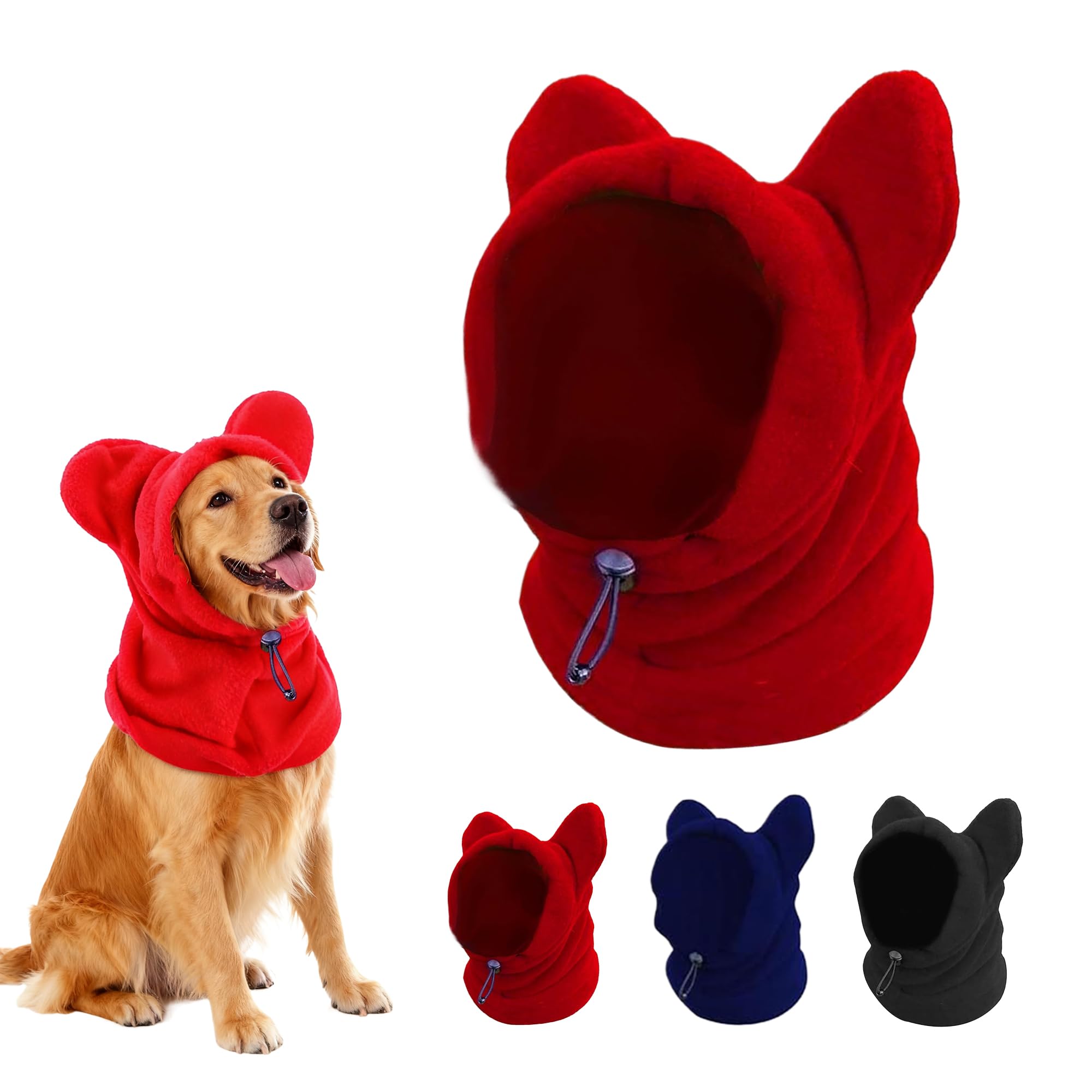 Photo 1 of 1pc. Dog Snood Winter Hood with Ear Protection, Fleece Neck Warmer for Dogs, (Red, Large)