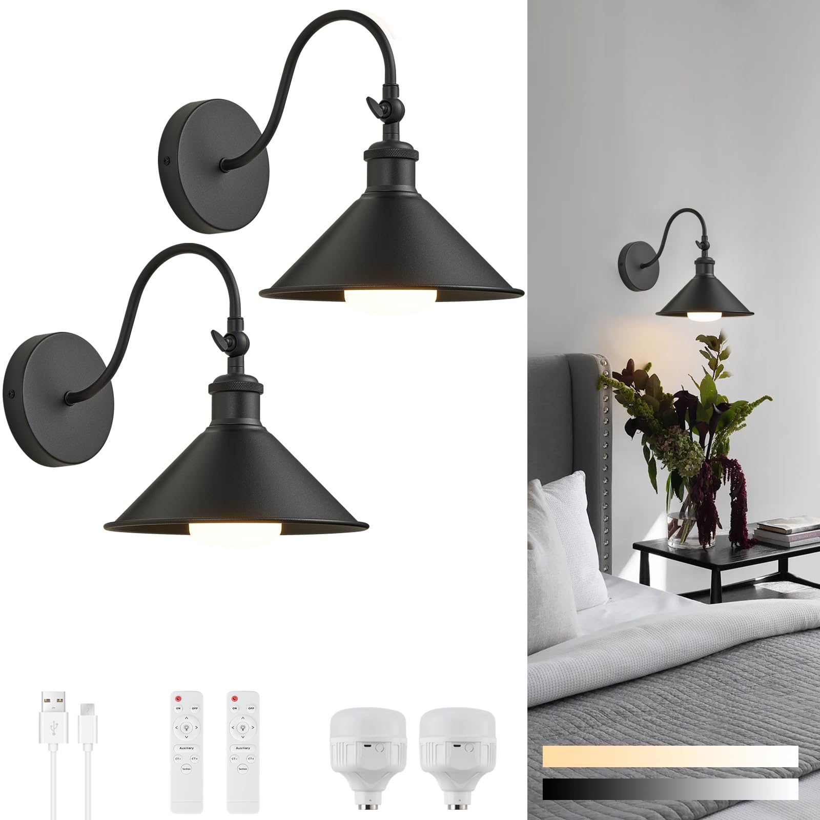Photo 1 of Pillctvel Wireless Battery Operated Wall Sconce, Black Industrial Wall Lights Decor Set of 2, Vintage Rechargeable Magnetic Cordless Wall Lamp Fixture with Remote for Farmhouse Bedroom Living Room