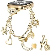 YouthRun Bling Band Compatible with Apple Watch 40mm 41mm 38mm, Metal Jewelry Watch Strap for Series SE 9 8 7 6 5 4 3 2 1 Interchangeable Charms Dressy Bracelet for Women (Gold)