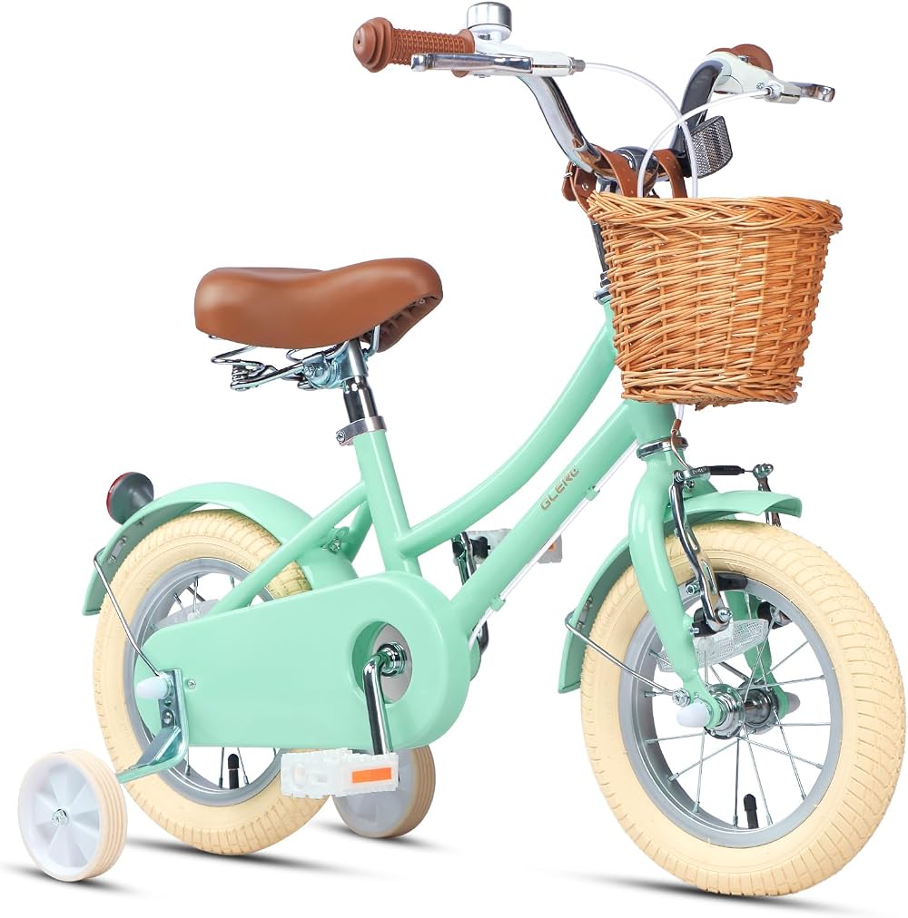 Glerc 12 Inch Kids Bike Mint Green with Basket Stabilisers Bell 3-5 Years