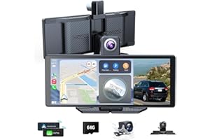 TUCARWYI 10.26" Wireless Portable Carplay Screen CarPlay & Android Auto Car Stereo 360 Rotation 4K Dash Cam 1080p Rear Camera Mirror Link Voice Control, GPS Navigation, FM Radio Receiver (Black)