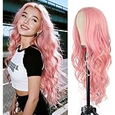 BrittyHair Pink Long Wavy Wig for White Women 26 Inch Middle Part Curly Wig Natural Looking Heat-resistant synthetic fiber wigs for Daily Wear Cosplay and Halloween