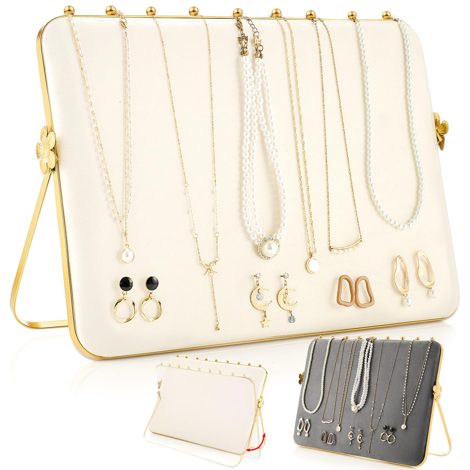 Photo 1 of Colingmill 1 Pack Necklace Display Stand for Selling Double-sided Velvet Necklace Organizer Large Metal Chain Holder Stand Beige Grey Chain Jewelry Display for Vendor Craft Show Exhibidores