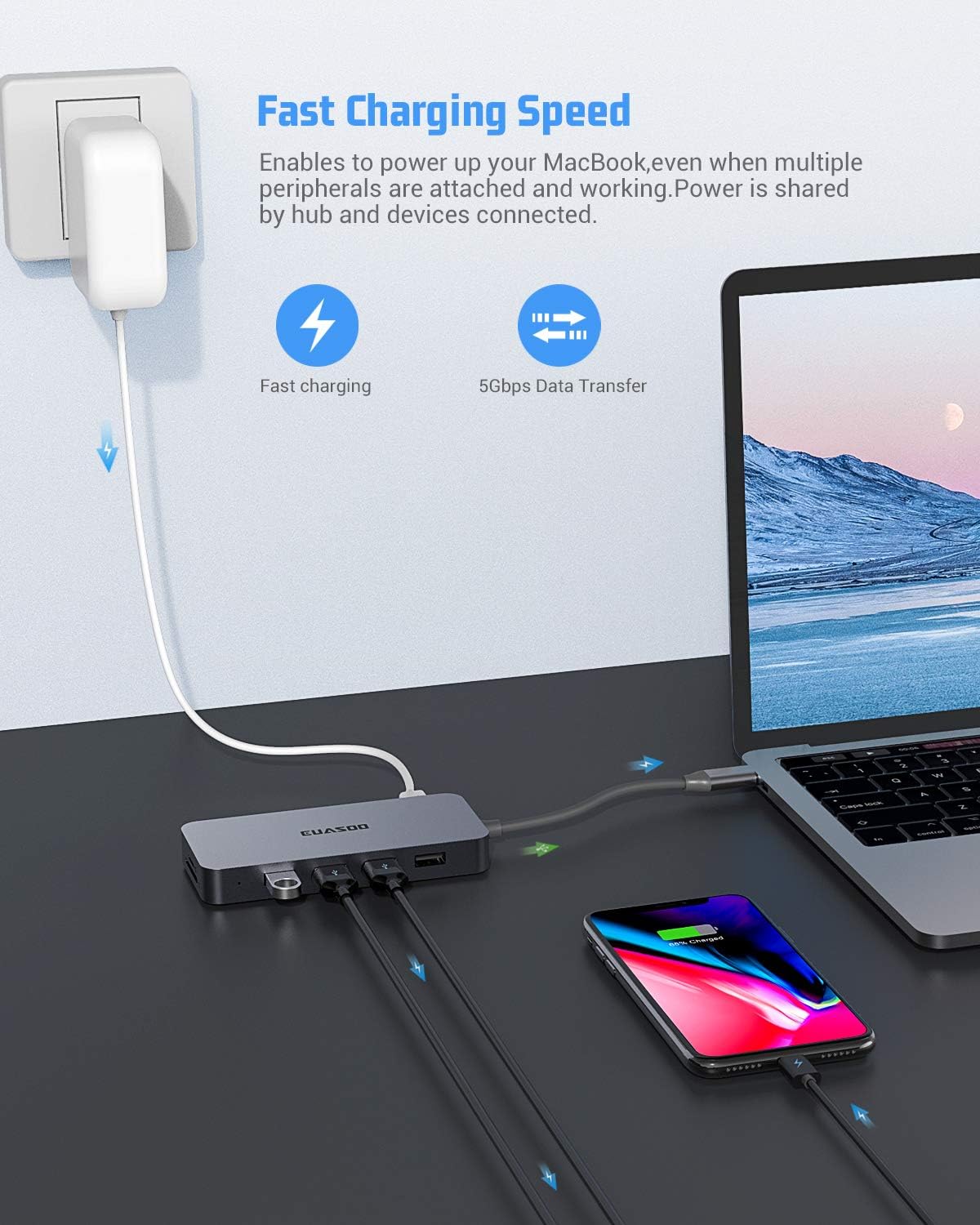 USB C Hub,Type C Hub,EUASOO 10 in 1 Adapter with 1Gbps Ethernet,4K USB C to HDMI,VGA,Power Delivery Charging Port,2 USB3.0,2 USB2.0,SD/TF Card Reader for MacBook Pro,Chromebook,Other Type C Laptops: Computers & Accessories