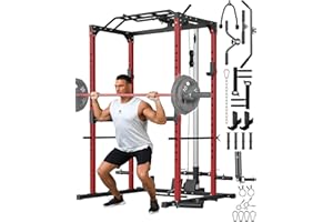 GarveeLife Power Cage, Power Racks for Home Gym with Pulley System, 1200 LBS Weight Capacity Multi-Functional Squat Rack for Strength Workout with More Training Attachment (Red D1002)
